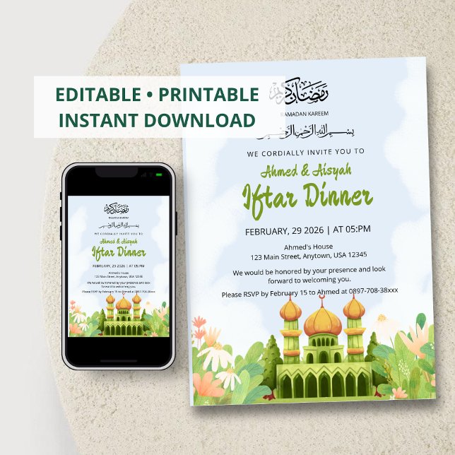 Elegant Ramadan Iftar Invitation with Green Mosque (Creator Uploaded)