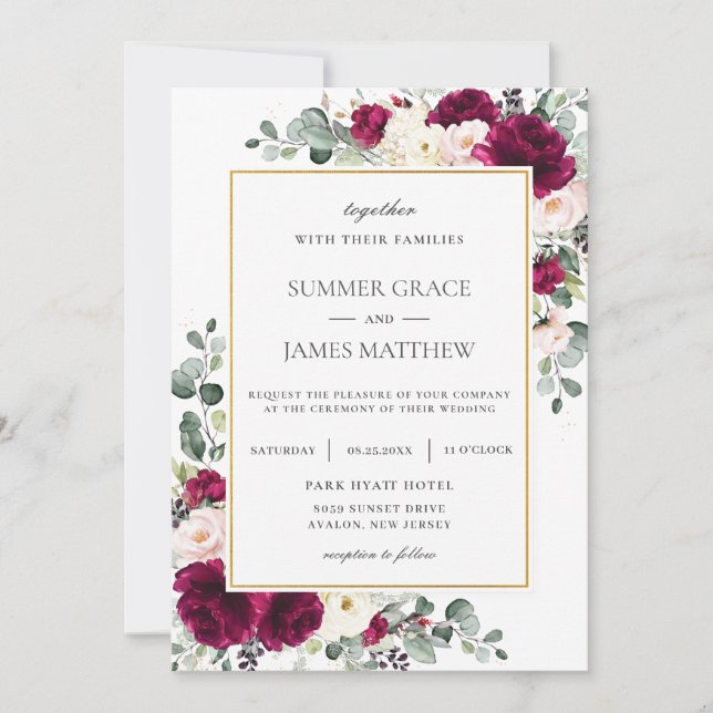 Elegant Raspberry Blush Pink Ivory Floral Wedding Invitation (Front)