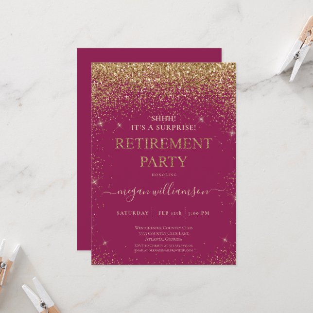 Elegant Raspberry Gold Glitter Retirement Party Invitation (Front/Back In Situ)