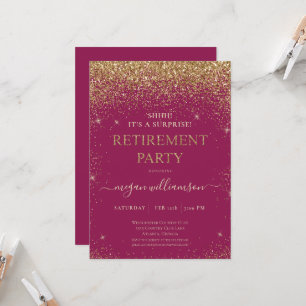 Elegant Raspberry Gold Glitter Retirement Party Invitation