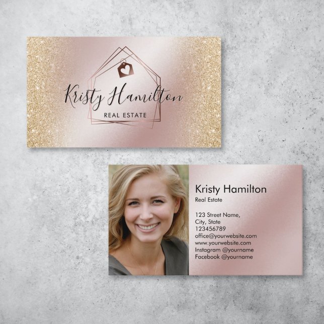 elegant real estate house key add photo business card (rose gold house logo with heart )