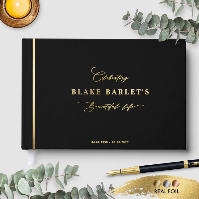 Elegant Real Foil, Black Funeral/ Life Celebration Guest Book (Creator Uploaded)