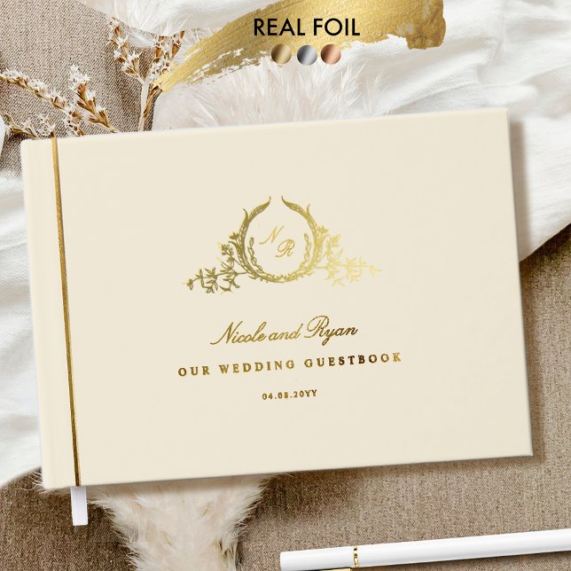 Elegant Real Foil Champagne Monogram Wedding Guest Book (Creator Uploaded)