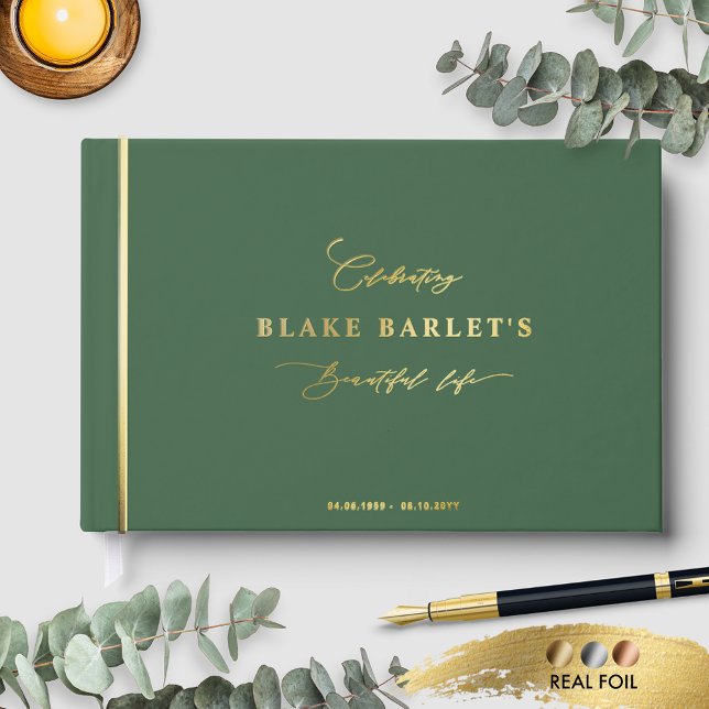 Elegant Real Foil, Green Funeral/ Life Celebration Guest Book (Creator Uploaded)