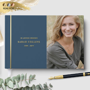 Elegant Real Foil, In Loving Memory Blue Funeral Guest Book