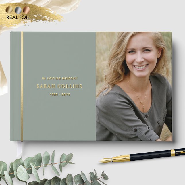 Elegant Real Foil, In Loving Memory Sage Funeral Guest Book (Creator Uploaded)