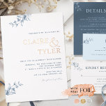 Elegant Real Foil Modern Blue Typography Wedding<br><div class="desc">Gorgeous elegant white and blue wedding invitation with couple names in real foil! Three real foil colour options: gold, silver, or rose gold foil. Modern elegant wedding invitation with contemporary typography and subtle fine hand-drawn floral detail in blue. Easy to fill in the template. Ability to "edit using design tool"...</div>