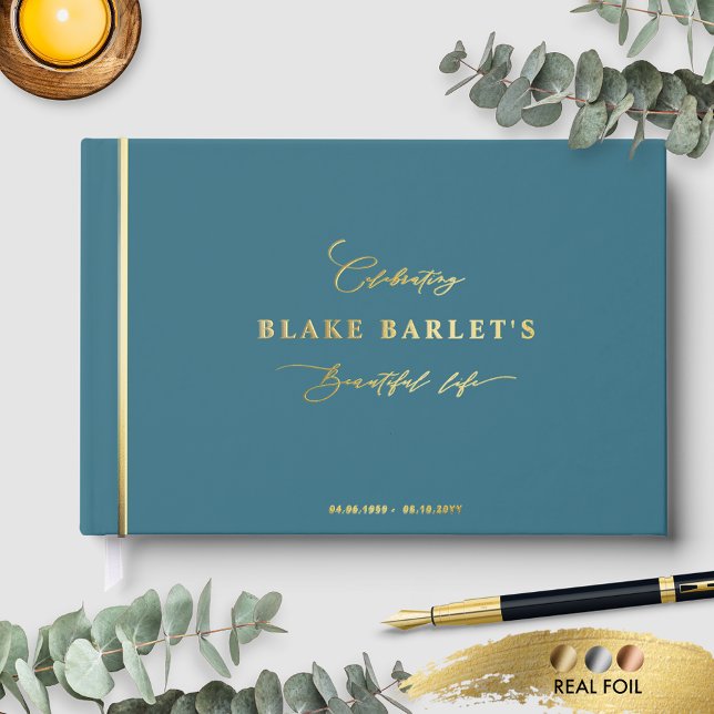 Elegant Real Foil, Teal Funeral/ Life Celebration Guest Book (Creator Uploaded)