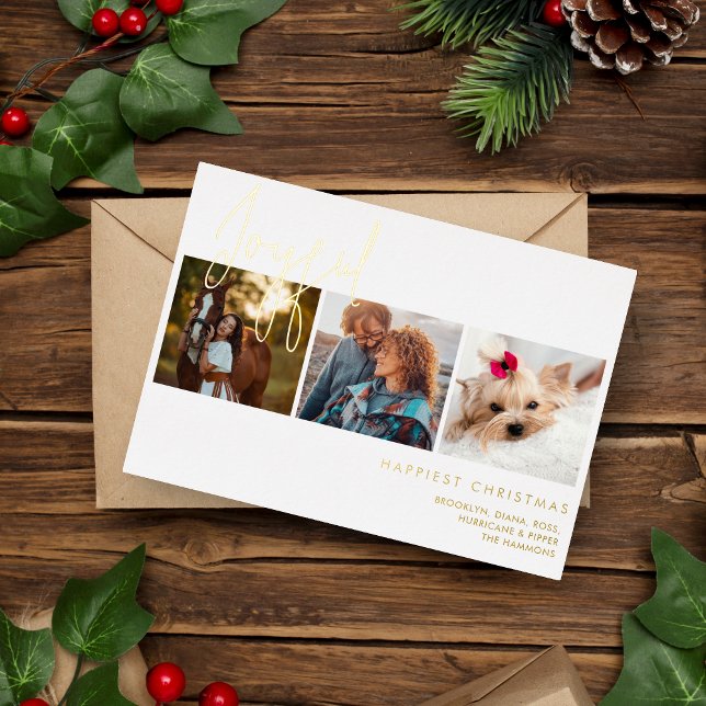 Elegant Real Gold Effect Joyful 3 Photos Christmas Foil Holiday Card (Elegant Gold Effect Joyful 3 Photos Christmas Metallic Foil Holiday Card with Envelope. )