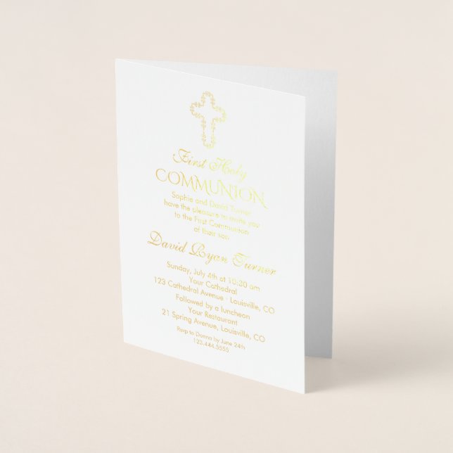 Elegant Real Gold Foil Boy First Holy Communion Foil Card (Front)