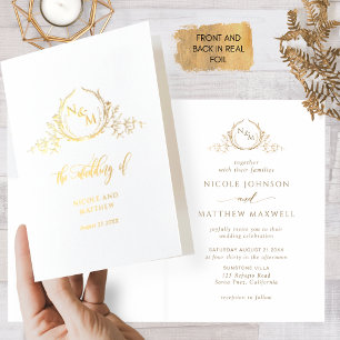Elegant Real Gold Foil Monogram, Folded Wedding Fo Card