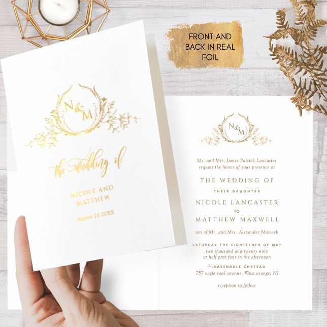 Elegant Real Gold Foil Monogram, Formal Wedding Card (Creator Uploaded)