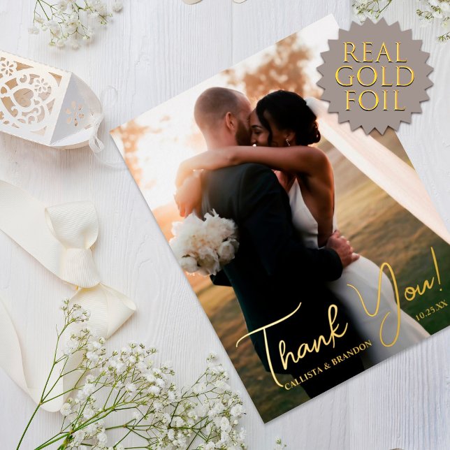 Elegant Real Gold Foil Photo Wedding Thank You Foil Invitation Postcard (Creator Uploaded)