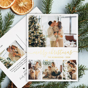 Elegant Real Gold Foil Script 4 Photo Collage Foil Holiday Postcard