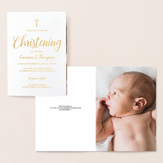 Elegant real Gold metallic foil Baby Christening Card (Display)