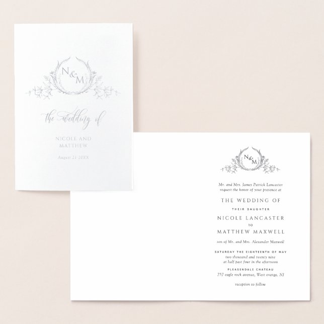 Elegant Real Silver Foil Monogram, Formal Wedding Card (Display)