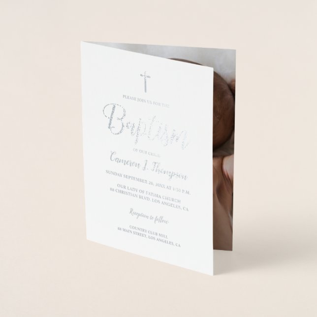 Elegant real silver metallic foil Baby Baptism Card (Front)