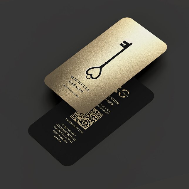 Elegant Realtor Monogram Black Gold Key Modern  Business Card (Elegant Realtor Monogram Black Gold Key Modern Business Card
)