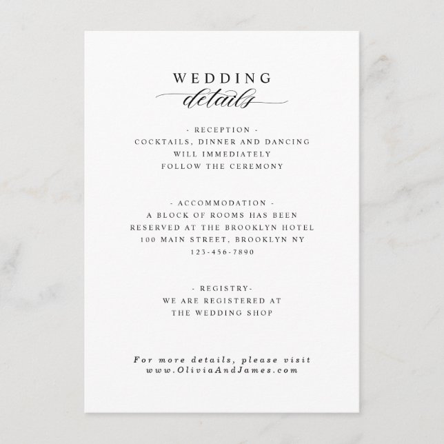 Elegant Reception Accommodation Wedding Details Enclosure Card (Front)