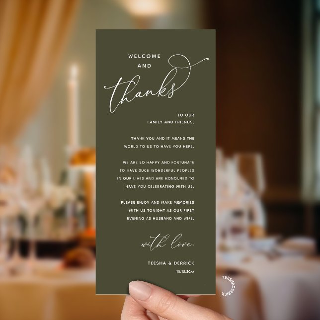 Elegant Reception "Welcome and Thanks" Guest Card (Modern Elegant Wedding Reception "Welcome and Thanks" Table Card for Guest in Olive Green)