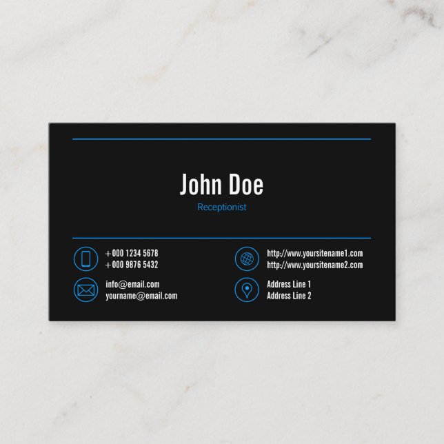 Elegant Receptionist Logo Blue Lines Icons Black Business Card (Front)