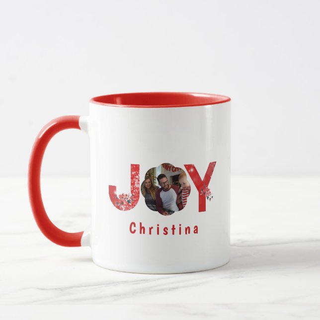 Elegant Red 1 Photo Joy Simple Custom Christmas  Mug (Left)