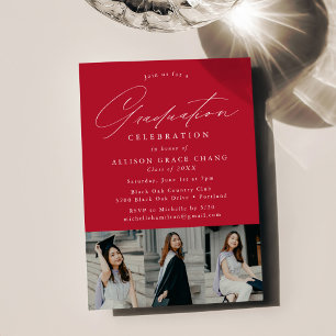Elegant Red 3 Photo Graduation Party Invitation
