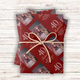 Elegant Red 40 and Fabulous 40th Birthday Photo Wrapping Paper Sheet