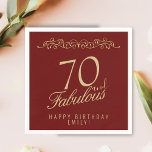 Elegant Red 70 and Fabulous Ornament 70th Birthday Napkin<br><div class="desc">Elegant Red 70 and Fabulous Ornament 70th Birthday Napkins. 70 and fabulous text in trendy golden script on a dark red background. Personalise it with your name and your age,  and make your own elegant birthday party napkins for a woman`s birthday party.</div>