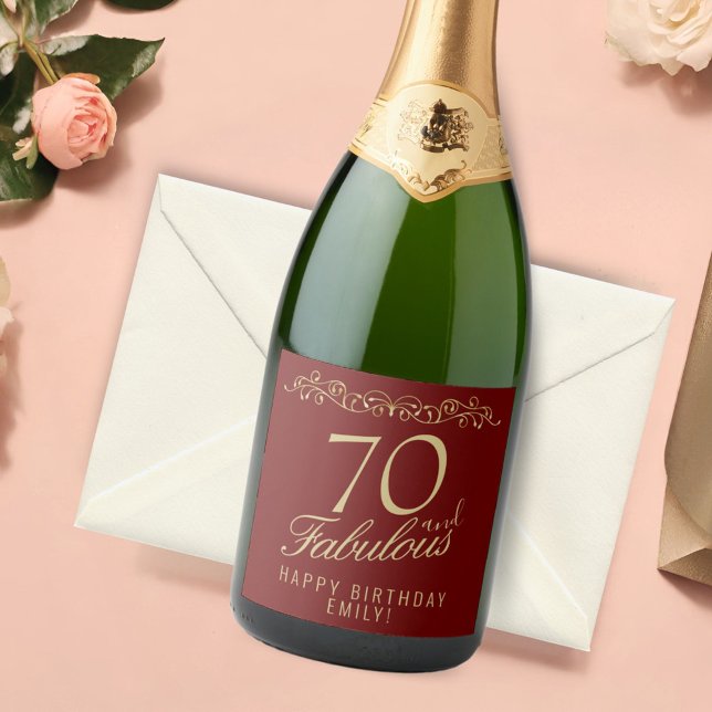 Elegant Red 70 and Fabulous Ornament 70th Birthday Sparkling Wine Label (Creator Uploaded)