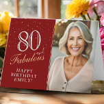 Elegant Red 80 and Fabulous 80th Birthday Photo Card<br><div class="desc">80 and Fabulous Elegant Red 80th Birthday Photo Card. 80 and fabulous text in trendy script with a name on a red background. Personalise it with your photo,  name and age. Add your text inside the card or erase it. It`s a great personalised photo card for a woman`s birthday.</div>