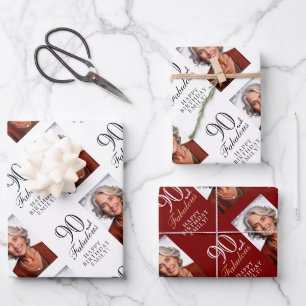 Elegant Red 90 and Fabulous 90th Birthday Photo Wrapping Paper Sheet