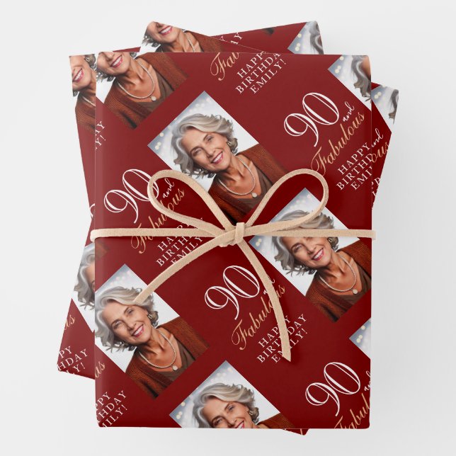 Elegant Red 90 and Fabulous 90th Birthday Photo Wrapping Paper Sheet (In situ)