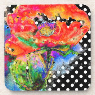 Elegant red abstract floral watercolor painting coaster