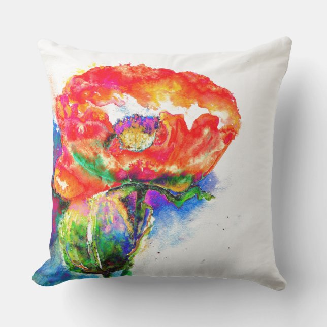 Elegant red abstract floral watercolor painting cushion (Front)