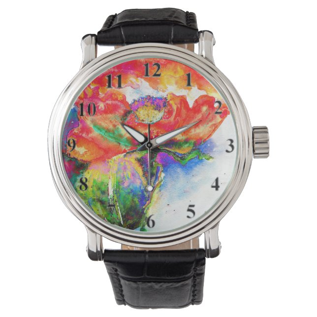 Elegant red abstract floral watercolor painting watch (Front)