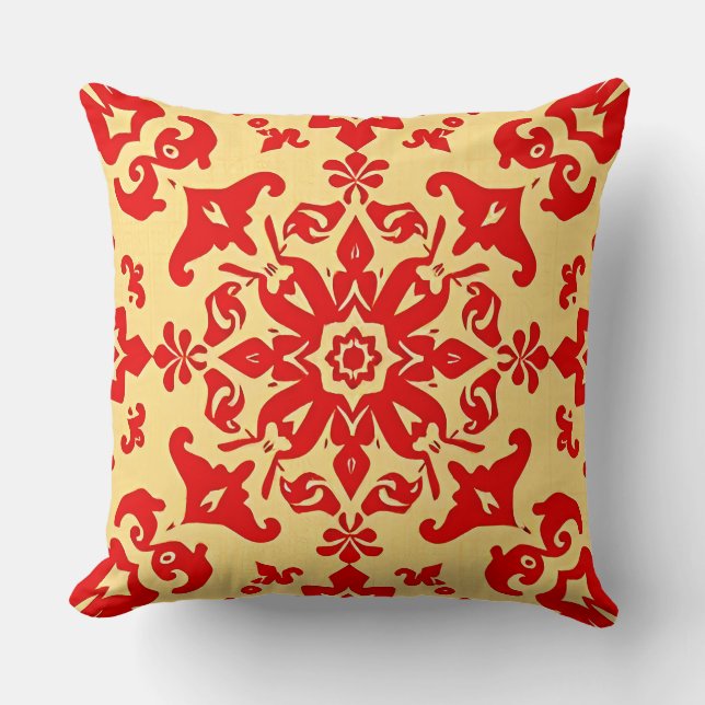 Elegant Red and Beige Ornamental Pattern Cushion (Front)