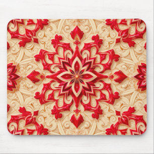 Elegant Red and Beige Ornamental Pattern Mouse Pad