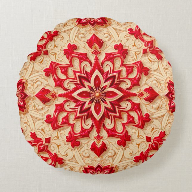 Elegant Red and Beige Ornamental Pattern Round Cushion (Front)