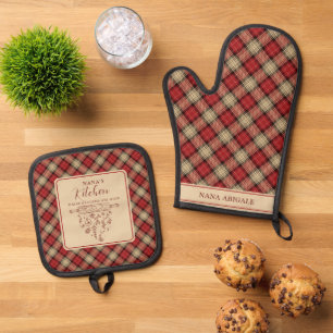 Elegant Red and Beige Tartan Plaid Nana's Kitchen Oven Mitt & Pot Holder Set