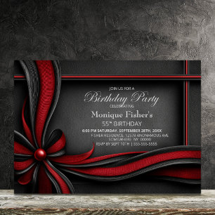 Elegant Red and Black Bow 55th Birthday Party Invitation