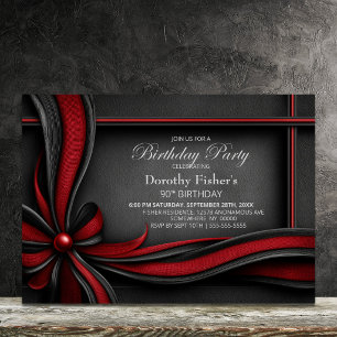 Elegant Red and Black Bow 90th Birthday Party Invitation