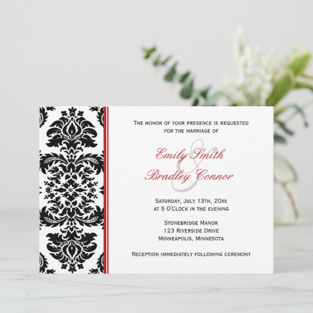 Elegant Red and Black Damask | Wedding Invitation (Standing Front)