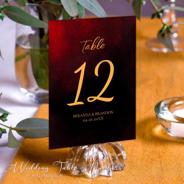 Elegant Red and Black Gold Calligraphy Wedding Table Number (Creator Uploaded)