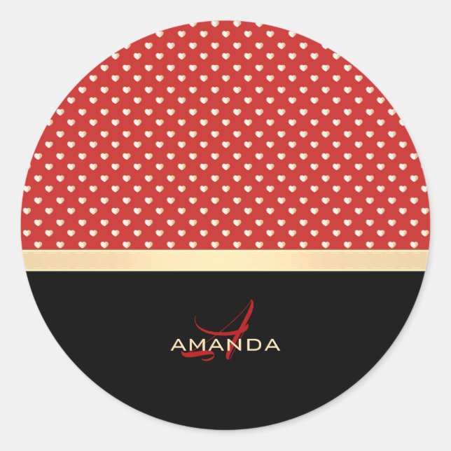 Elegant Red and Black, Golden Hearts Name Monogram Classic Round Sticker (Front)