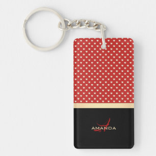 Elegant Red and Black, Golden Hearts Name Monogram Key Ring