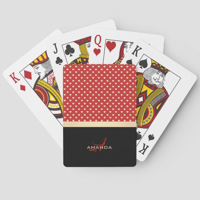 Elegant Red and Black, Golden Hearts Name Monogram Playing Cards (Back)