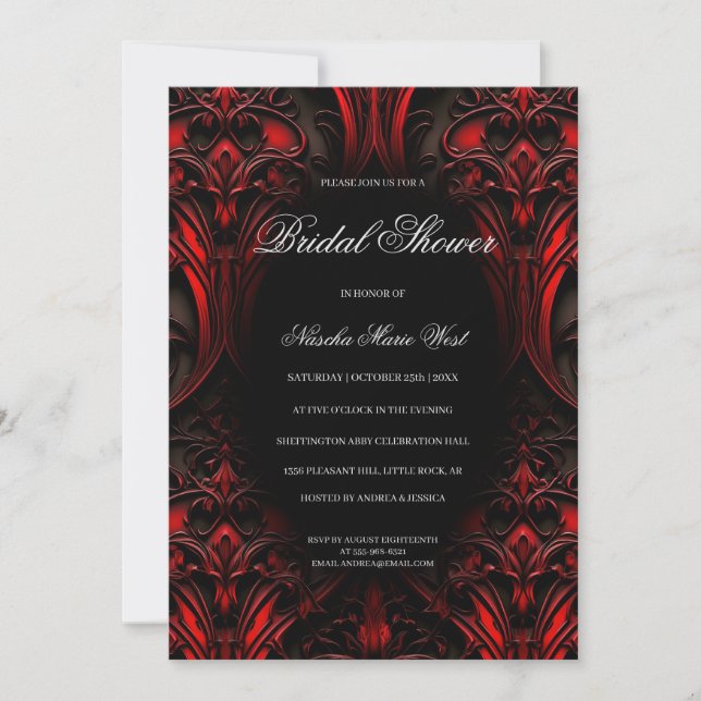 Elegant Red and Black Gothic Damask Bridal Shower Invitation (Front)