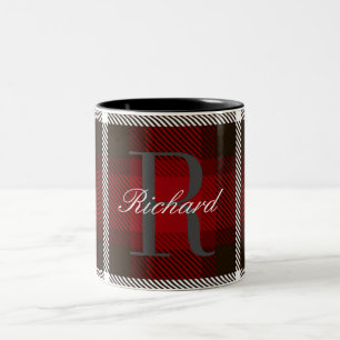 Elegant Red and Black Plaid monogram & name Two-Tone Coffee Mug