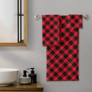 Elegant Red and Black Plaid Pattern Holiday Bath Towel Set